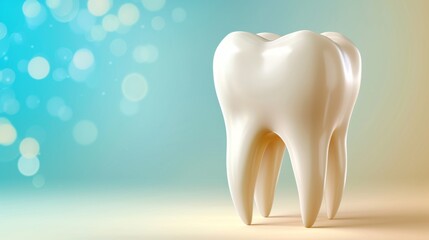 A pristine molar tooth against a soft blue bokeh background