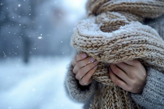 Hand holds a cozy warm wool scarf against a blurred cold day backdrop, exuding comfort.