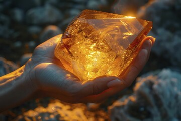 A hand holding a glowing crystal against a blurred mystical background, perfect for an energy or healing theme.