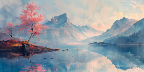 Painting of sunrise over the lake in the fall colorful countryside.