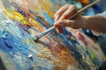 Obraz premium Hand wielded a paintbrush on canvas, obscured by artistic chaos in the backdrop.