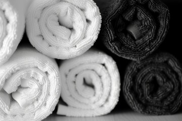 A stack of black and white towels lies on a wooden surface