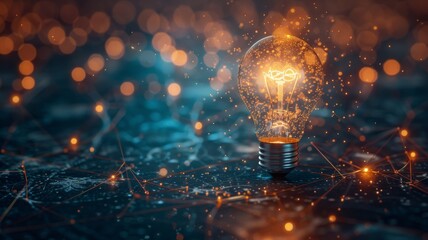 Electrifying Lightbulb on Networked Background. An incandescent bulb gleams against a complex backdrop of interconnected light points, symbolizing connectivity and bright ideas.