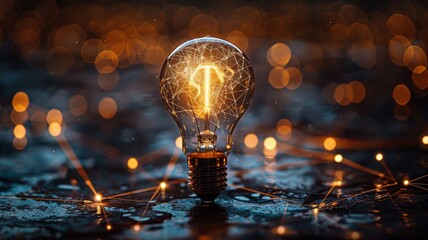 Illuminated Idea: Glowing Lightbulb with Sparking Network. Capturing the essence of inspiration, this image features a solitary lightbulb ablaze with light patterns amidst a field of glowing sparks - obrazy, fototapety, plakaty