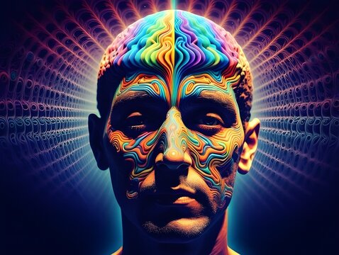 Closeup of psychedelic human head with vivid colors. Abstract art featuring surreal, mind-bending design. Psychology, dream, mental health, esoteric, meditation, exploding mind, inner world concepts