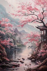 Cherry Blossom Visions: Traditional Canvas Artwork of Japanese Sakura Trees, Reflecting the Artistry of Nature, Landscape, and Iconic Shintoo Temple