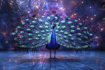 The majestic 3D peacock flaunts its feathers against a royal indigo backdrop, creating a vibrant spectacle of colors.