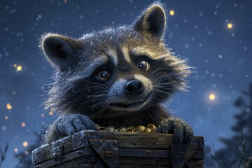 A cunning 3D raccoon, guarding its treasure chest under the starry night sky, revels in hoarding its finds.