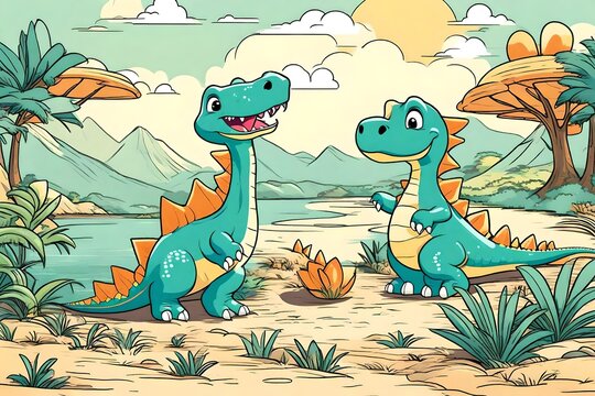 dinosaurs in the park, Embark on a delightful adventure with a cute and adorable baby dinosaur, rendered in the style of children-friendly cartoon animation fantasy