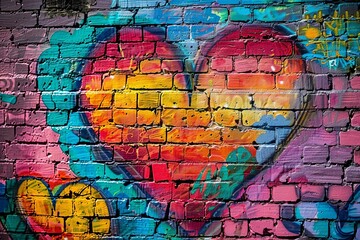 Colorful heart-shaped graffiti on a brick wall Symbolizing love and freedom of expression Vibrant...