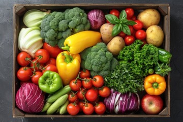 fresh fruits and vegetables in the box advertising food photography