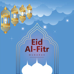 Realistic eid mubarak wishes with lantern banner