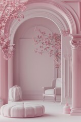 Elegant pink monochromatic interior design with classic architectural details