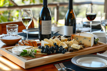 Cheese platter with different cheeses, grapes, nuts, honey, bread and dates on dining table setting at vineyard. - obrazy, fototapety, plakaty
