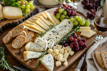 Cheese board with different cheeses, grapes, nuts, honey, bread and dates on rustic wooden background.