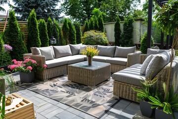 Contemporary outdoor patio setup with modern furniture and design elements Perfect for leisure and entertainment