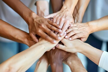 Diverse team stacking hands in a sign of unity and teamwork With a modern office setting in the background Panorama format