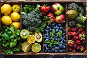 Foto op Canvas fresh fruits and vegetables in the box advertising food photography © MeyKitchen
