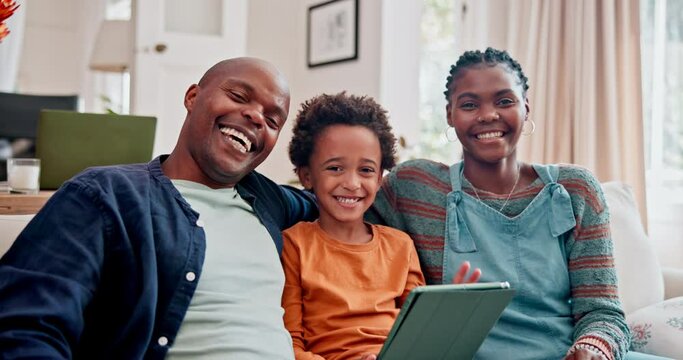 Parents, child and face with tablet on couch for online streaming entertainment for relax weekend, movie or internet. Black family, son and sofa with subscription together for games, resting or home