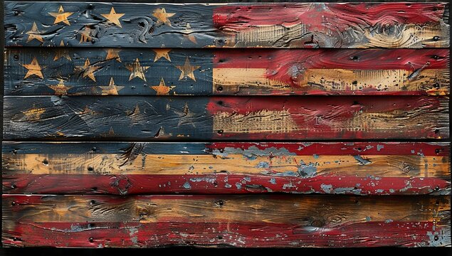 a close up photo of a large american flag, in the style of photorealistic wooden pastiche, canvas texture emphasis. Generative AI