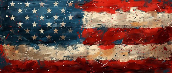 an old american flag that has been painted with white paints, in the style of colorful brushstrokes, minimalist illustrator, poster, matte background. Generative AI