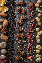 Assorted exotic spices on a slate backdrop for culinary concepts