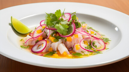 Elegantly Plated Traditional Ceviche Dish with Citrus, Onions, Corn and Plantain Chips