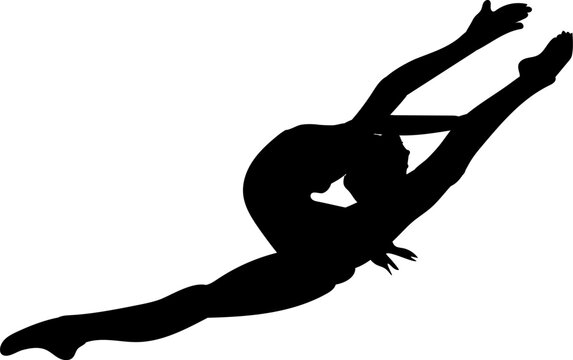 A vector illustration depicts a black silhouette of a gymnast performing a split jump against a white background. The silhouette exudes grace, flexibility, and elegance, capturing the dynamic movement