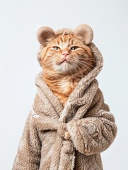 A cozy cat wearing a snug robe with ear accents