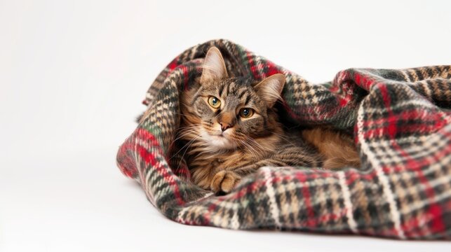 A tabby cat cozily nestled in a plaid blanket