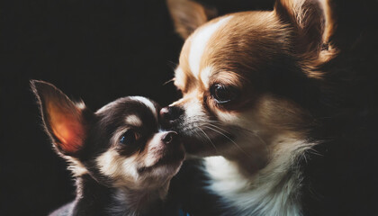 Chihuahua dog mother nuzzling her puppy baby dog