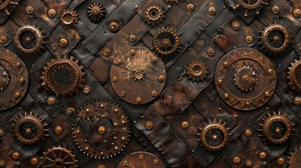 Fototapeta na wymiar Background Texture Pattern in the Style of Steampunk Leatherwork - Leather textures with steampunk gears and mechanical motifs created with Generative AI Technology