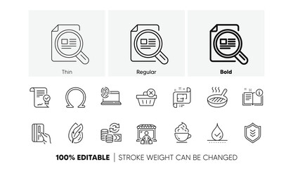 Hypoallergenic tested, Change money and Coffee cup line icons. Pack of Manual, Omega, Grill pan icon. Shield, Computer fingerprint, Approved agreement pictogram. Market buyer, Waterproof. Vector