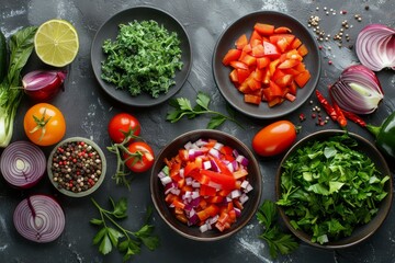 Top view of fresh vegetable salad ingredients on dark background