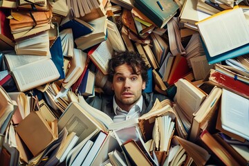 Overwhelmed man surrounded by a chaotic pile of books and paperwork Concept of stress Time management And information overload - obrazy, fototapety, plakaty
