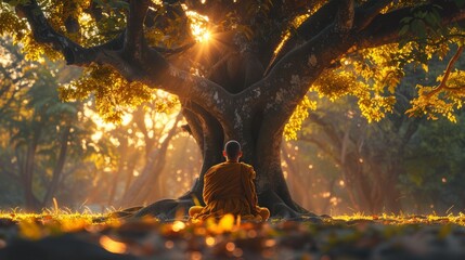 Makha Bucha Day: back shot of a monk meditating under Bodhi tree
