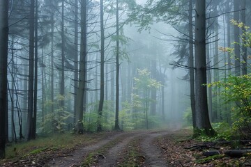 Obraz premium Mystical Forest Path: Mist-Enshrouded Trees and Trail