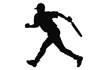 Fototapeta na wymiar A batsman running Silhouette Clipart isolated on a white background, a Cricket player batting black Vector