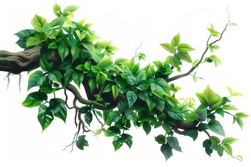Realistic illustration of a twisted jungle branch with vibrant green foliage Isolated on a white background Showcasing the intricate beauty of nature