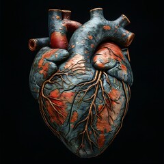 anatomical model human heart, in the style of black background, photorealistic details. Generative AI