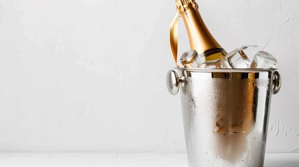 Bottle of fine champagne chilling in an ice bucket against a white backdrop, ready to be popped open for a romantic Valentine's Day toast.