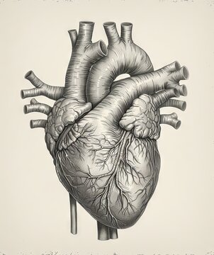 vintage black and white medical drawing of human heart, in the style of realistic. Generative AI