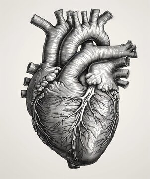 vintage black and white medical drawing of human heart, in the style of realistic. Generative AI