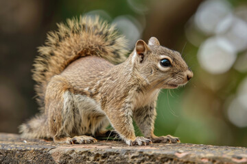 &eacute;cureuil sur le muret d'un jardin, arri&egrave;re plan flou
