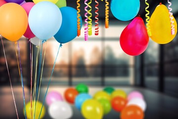 Set of colorful helium balloons at room background