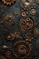 Fototapeta na wymiar Background Texture Pattern in the Style of Steampunk Leatherwork - Leather textures with steampunk gears and mechanical motifs created with Generative AI Technology