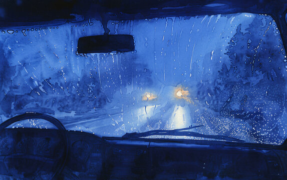 a watercolor illustration of a fogged-up car window, viewed from the inside at night