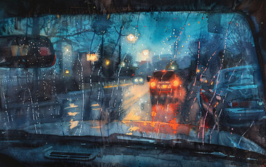 a watercolor illustration of a fogged-up car window, viewed from the inside at night