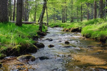 Stream in a vibrant spring forest With crystal-clear water flowing amongst freshly sprouted greenery Symbolizing renewal and the rejuvenation of nature