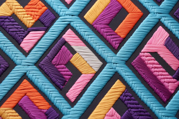 A close-up of colorful decorative embroidery in ethnic style. Rhombuses of purple and blue creating an abstract geometric pattern. AI-generated